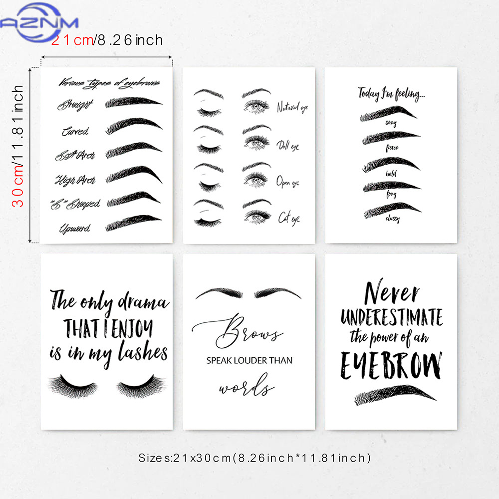 Beauty Of Makeup Quotes - ชุดภาพพิมพ์บนผ้าใบลายคิ้วและขนตา 6 ชิ้น โปสเตอร์คำคมเกี่ยวกับความงามสำหรับร้านเสริมสวย ลายขาวดำสไตล์มินิมอลสำหรับตกแต่งห้องนอน