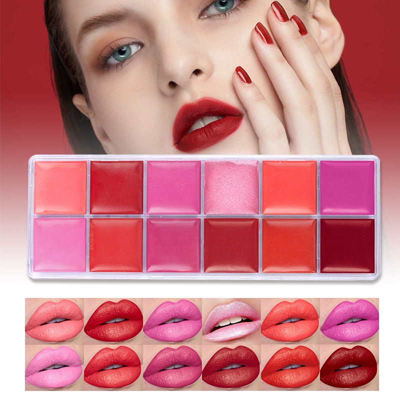 Beauty Makeup Palette - 12 สี ลิปกลอสสำหรับผู้หญิง ให้ความชุ่มชื้น ติดทนนาน พาเลทลิปสติกสีนู้ดสำหรับสาวๆ