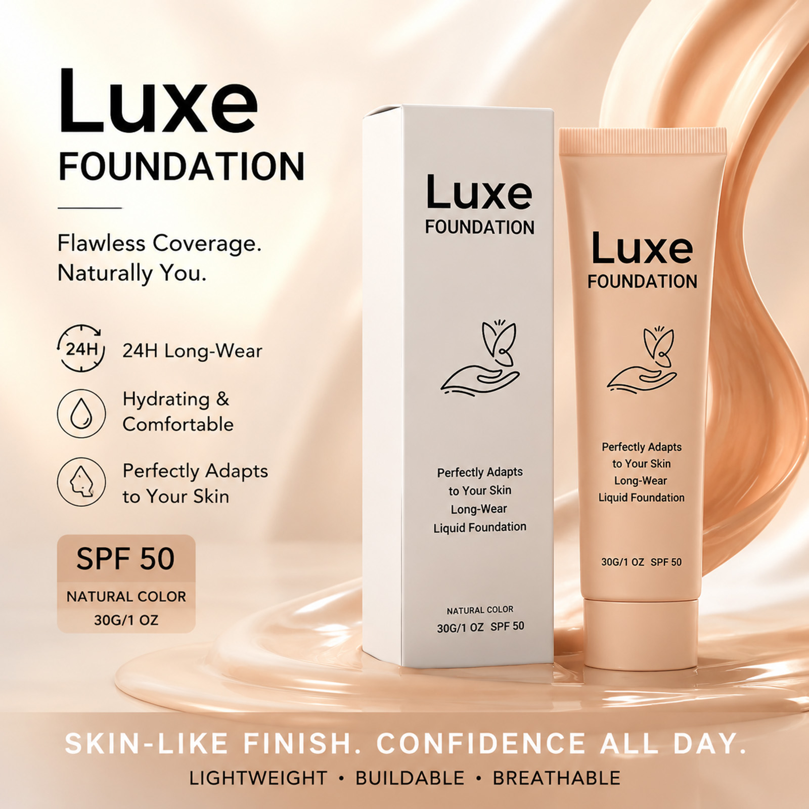 Beauty Makeup Foundation - รองพื้นเปลี่ยนสี SPF 50+ ติดทนนาน ให้ผิวเปล่งประกายเป็นธรรมชาติ เนื้อบางเบา