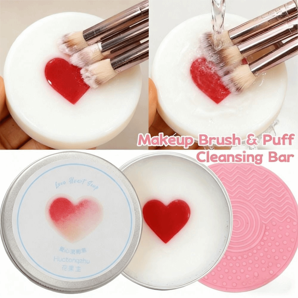 Cosmetic Sponge - สบู่ทำความสะอาดแปรงแต่งหน้าแบบทำความสะอาดล้ำลึก พร้อมแผ่นซิลิโคนรูปหัวใจ สำหรับทำความสะอาดฟองน้ำแต่งหน้า แห้งเร็ว ใช้ซ้ำได้ อุปกรณ์ทำความสะอาดเครื่องสำอาง
