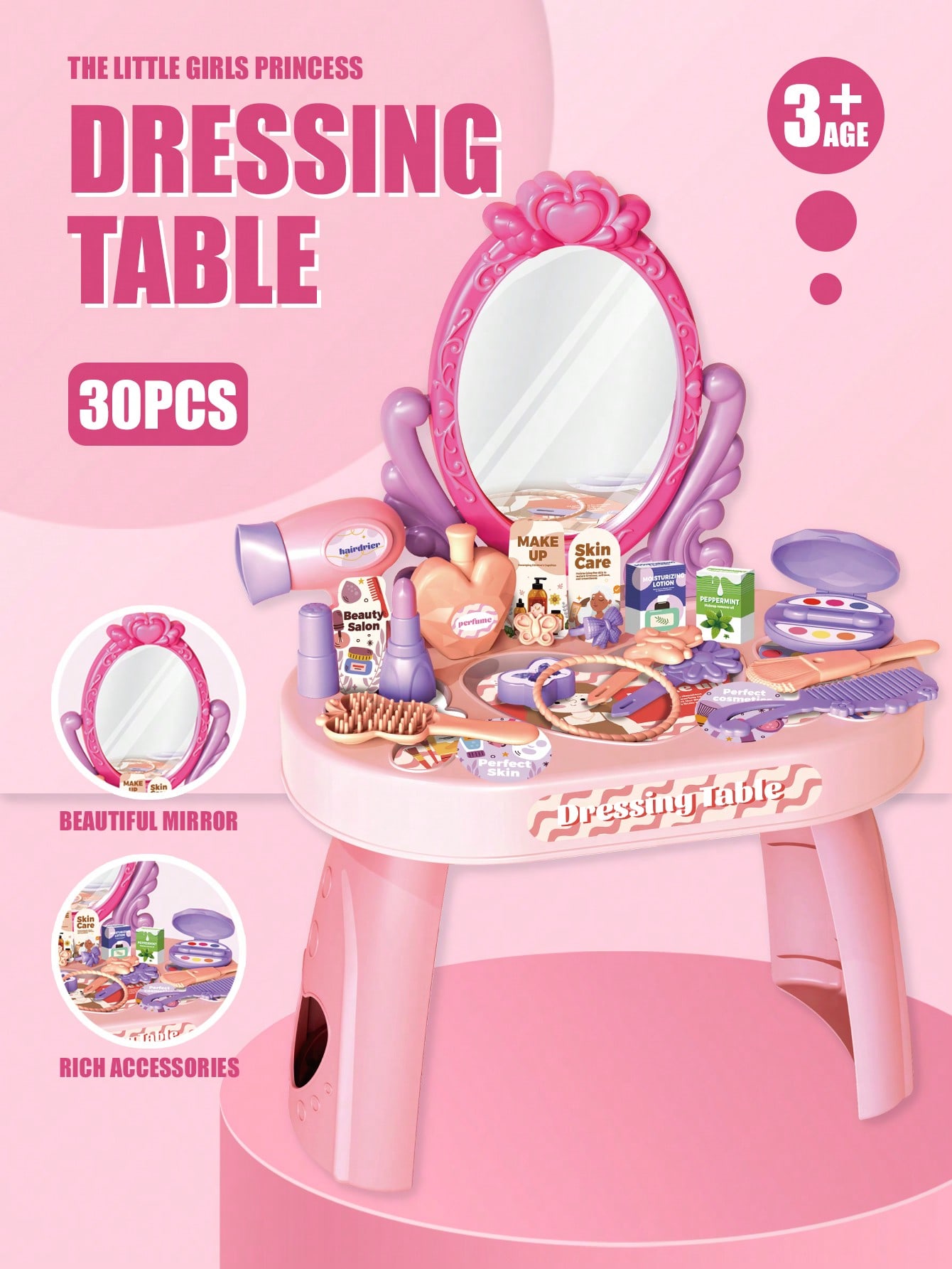Beauty Makeup Kit For Kids - ชุดของเล่นโต๊ะเครื่องแป้งเจ้าหญิงสำหรับเด็ก พร้อมกระจกและอุปกรณ์แต่งหน้า 30 ชิ้น ชุดเครื่องเป่าผมและเครื่องสำอางเสมือนจริง ของขวัญสำหรับเด็กผู้หญิง
