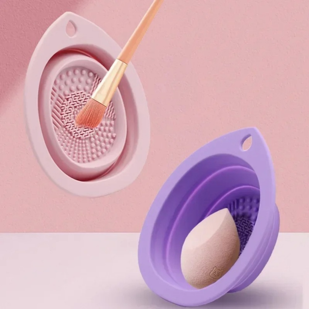 Cosmetic Sponge - ชามทำความสะอาดแปรงแต่งหน้าซิลิโคน แผ่นขัดล้างแบบพับได้ เครื่องมือทำความสะอาดแปรงเครื่องสำอางแบบพกพา ฟองน้ำสำหรับแปรงแต่งหน้า