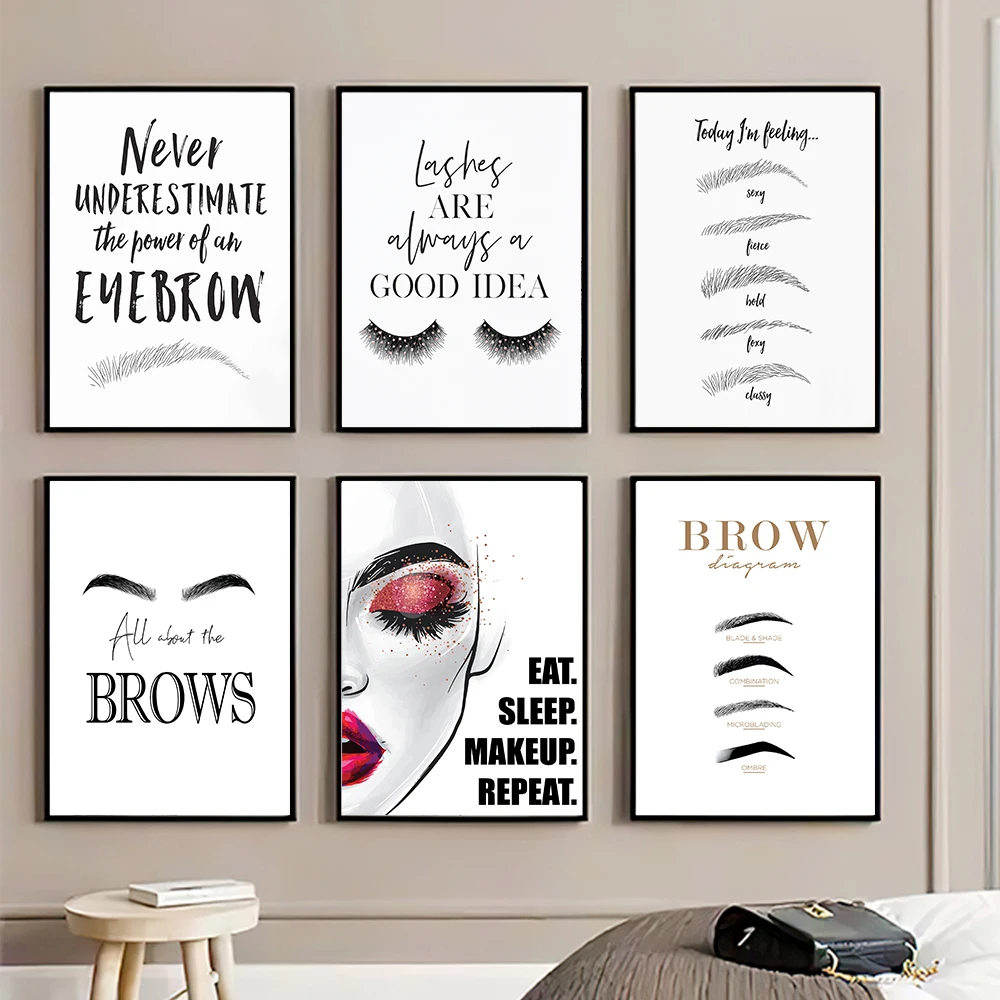 Beauty Of Makeup Quotes - โปสเตอร์ศิลปะบนผนังสำหรับแต่งหน้าแฟชั่นผ้าใบพิมพ์ลายคิ้วตกแต่งร้านเสริมสวยรูปภาพห้องห้องนอนเด็กผู้หญิง