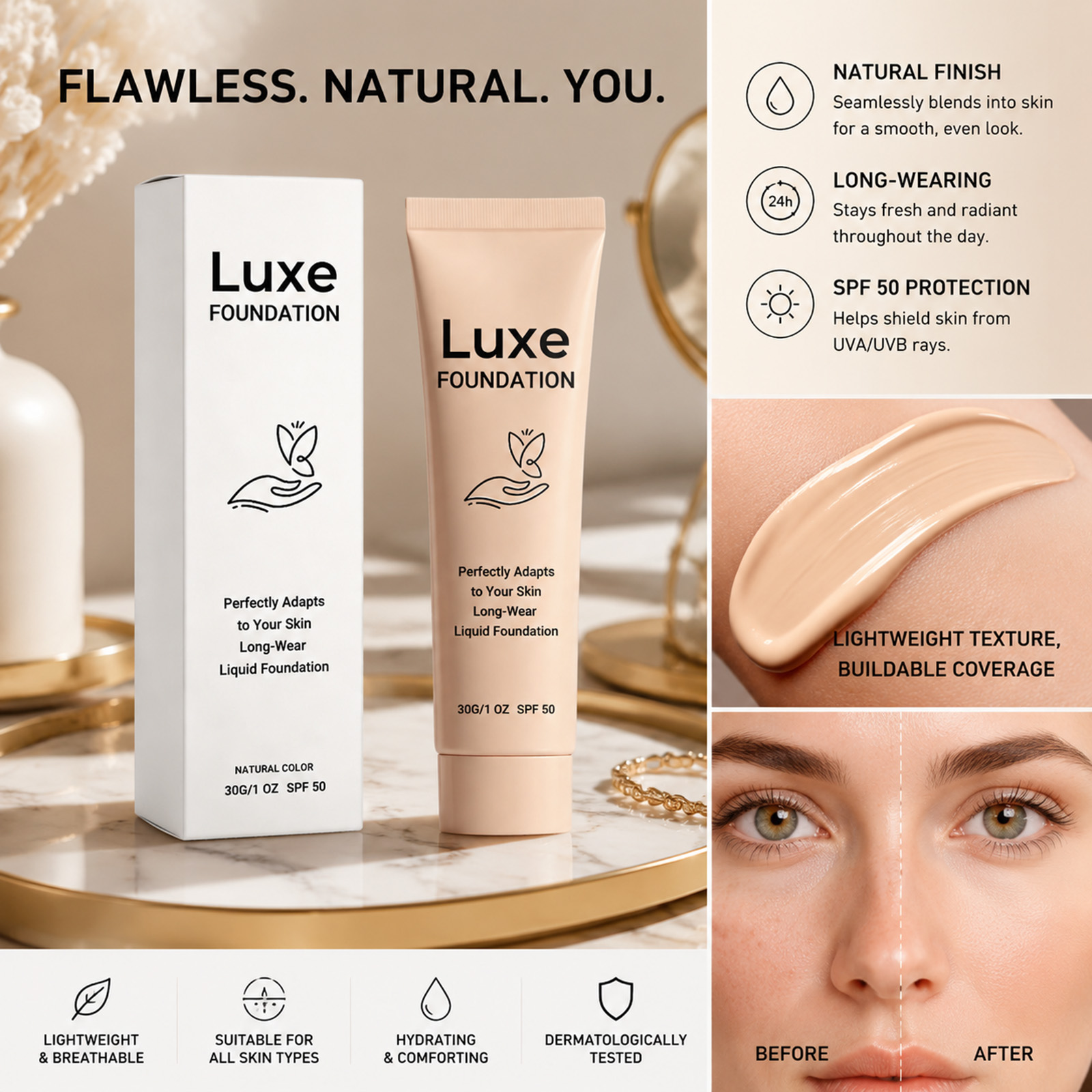 รองพื้นเปลี่ยนสี SPF 50+ ติดทน - Beauty Makeup Foundation บทวิจารณ์และราคา